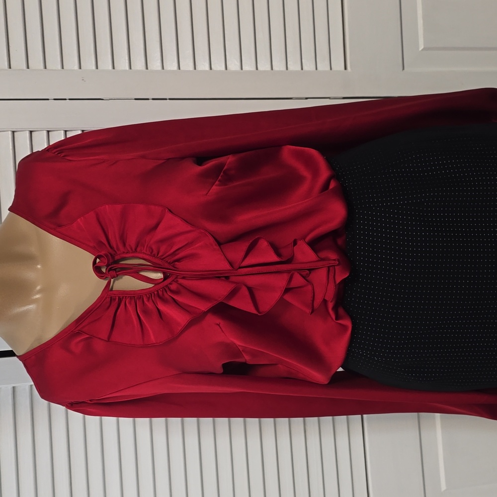 655 Worthington Womens Red Silky Ruffled Blouse Pullover Long Sleeve Shirt Large